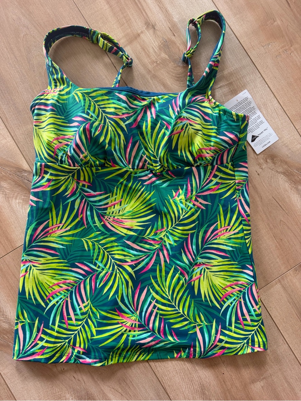 Lycra Tropical Leaf Print Tankini Top - Green & Neon
